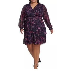 DKNY Plus Size Printed Blouson-Sleeve Fit & Flare Dress‎ Sz 20W New Blue $139